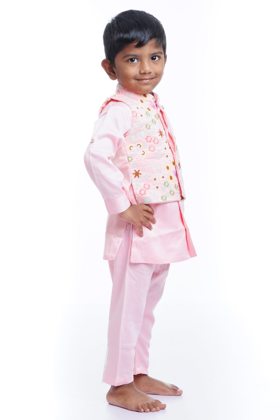 The Nesavu Boys Jacket Sets Boys Pink Embroidered Jacket with Kurta and Dhoti Pant Set Nesavu Boys Festive Pink Embroidered Jacket  Dhoti Set | The Nesavu