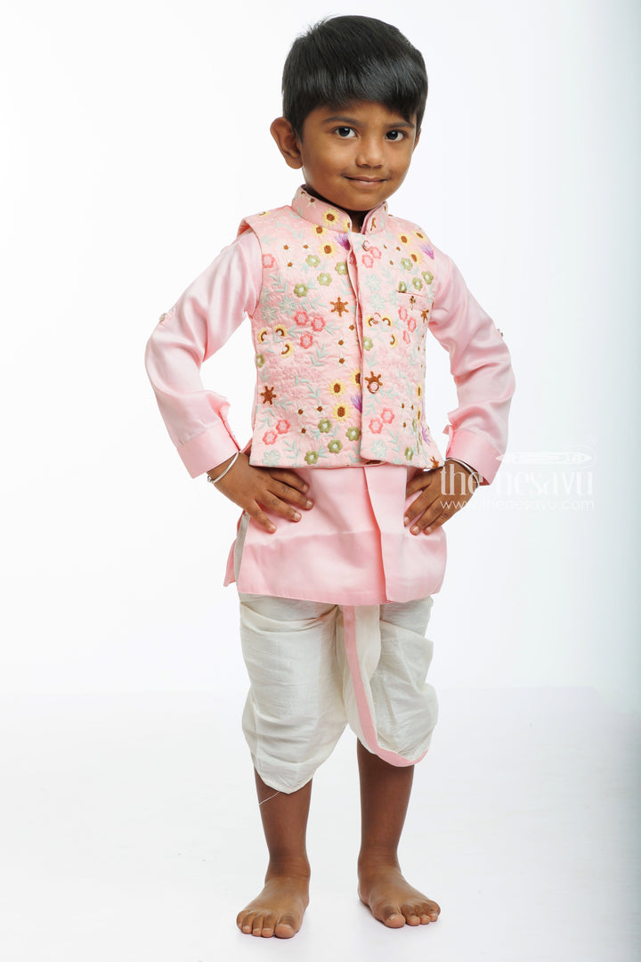 The Nesavu Boys Jacket Sets Boys Pink Embroidered Jacket with Kurta and Dhoti Pant Set Nesavu Boys Festive Pink Embroidered Jacket  Dhoti Set | The Nesavu