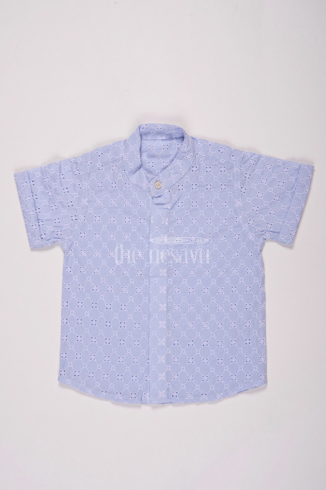 The Nesavu Boys Cotton Shirt Boys Powder Blue Cotton Hakoba Shirt with Embroidered Detailing for Christmas Nesavu 16 (1Y) / Blue BS213A-16 Nesavu Boys Powder Blue Cotton Hakoba Christmas Shirt Intricate Embroidery