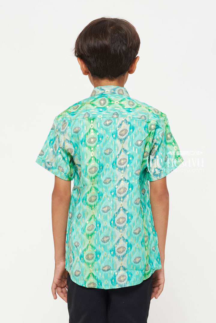 The Nesavu Boys Cotton Shirt Boys Premium Green Ikat Print Rayon Shirt – Lightweight and Stylish Nesavu Boys Premium Ikat Print Rayon Shirt | Lightweight and Stylish | The Nesavu