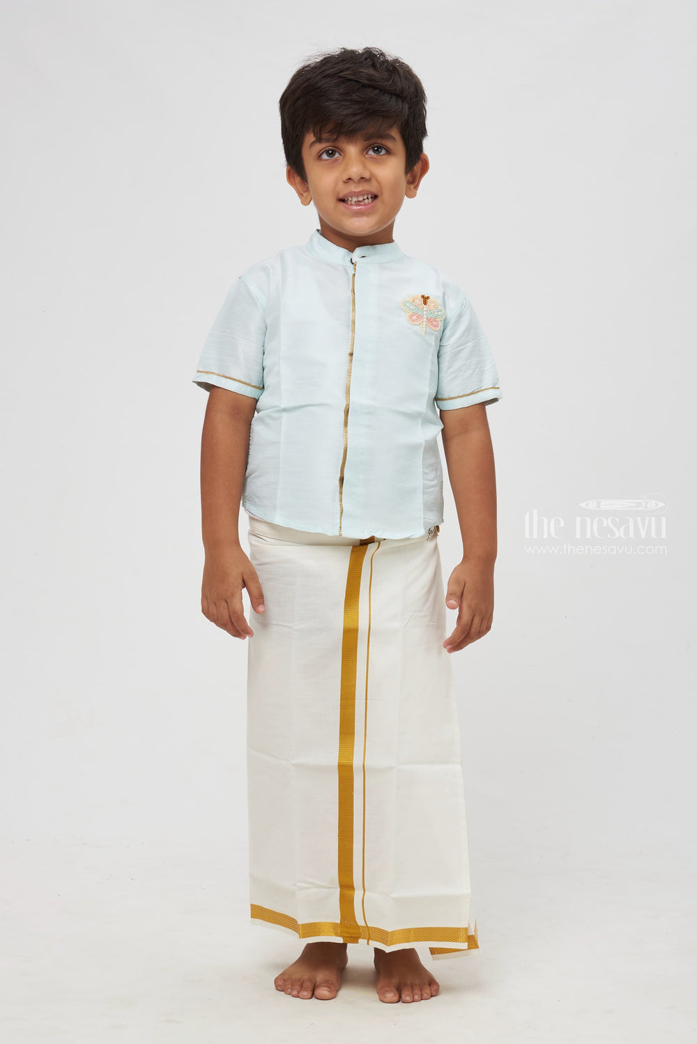 The Nesavu Boys Silk Shirt Boys Premium Ice Blue Silk Shirt - Traditional Festive Wear with Embellished Butterfly Patch Nesavu 16 (1Y) / Blue / Blend Silk BS110A-16 Boys Ice Blue Silk Shirt with Butterfly Emblem | Traditional Festive Outfit | The Nesavu