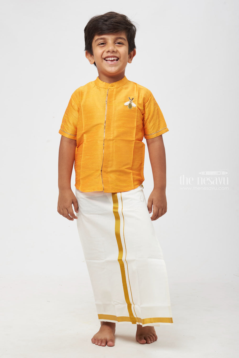 The Nesavu Boys Silk Shirt Boys' Premium Orange Silk Shirt - Traditional Festive Wear with Embellished Honey Bee Nesavu 16 (1Y) / Orange / Blend Silk BS107A-16 Boys Orange Silk Shirt with Honey Bee | Traditional Festive Attire | Nesavu Signature Line