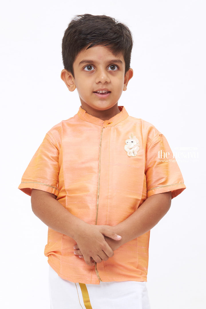 The Nesavu Boys Silk Shirt Boys Premium Salmon Silk Shirt - Traditional Festive Wear with Embellished Horse Patch Nesavu 16 (1Y) / Salmon / Blend Silk BS109B-16 Boys Silk Shirt with Elephant Motif | Traditional Festive Wear | The Nesavu