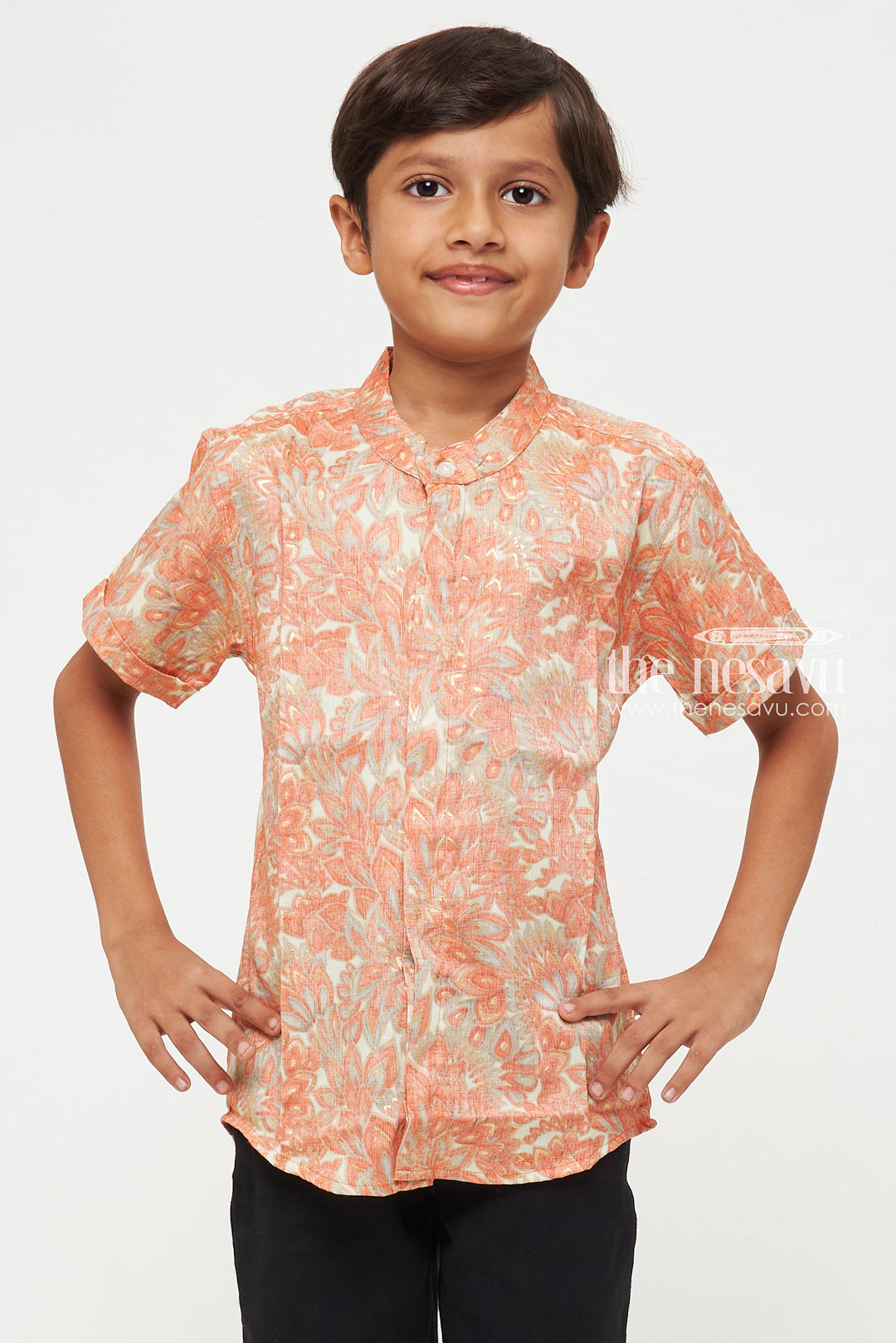 The Nesavu Boys Cotton Shirt Boys Rayon Shirt with Orange and Green Floral Pattern - Comfortable and Trendy Nesavu Boys Rayon Shirt with Orange and Green Floral Pattern | Comfortable and Trendy | The Nesavu