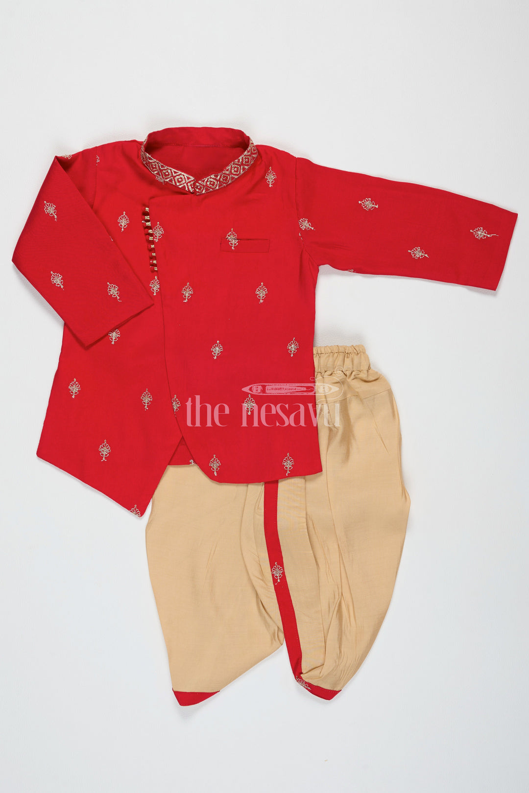 The Nesavu Boys Dothi Set Boys Red Dothi Dress with Semi-Silk Banarasi Buttis and Beige Dhoti Nesavu 10 (NB) / Red BES600A-10 Nesavu Boys Red Dothi Dress Semi-Silk Banarasi Buttis Beige Dhoti