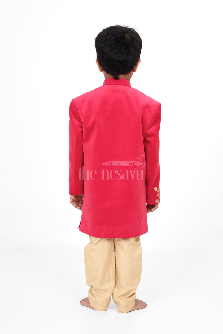 The Nesavu Boys Sherwani Boys Red Sherwani Clothes with Golden Embroidery and Cream Trousers Nesavu Nesavu Boys Red Sherwani Clothes Golden Embroidery Cream Trousers Festive Elegance