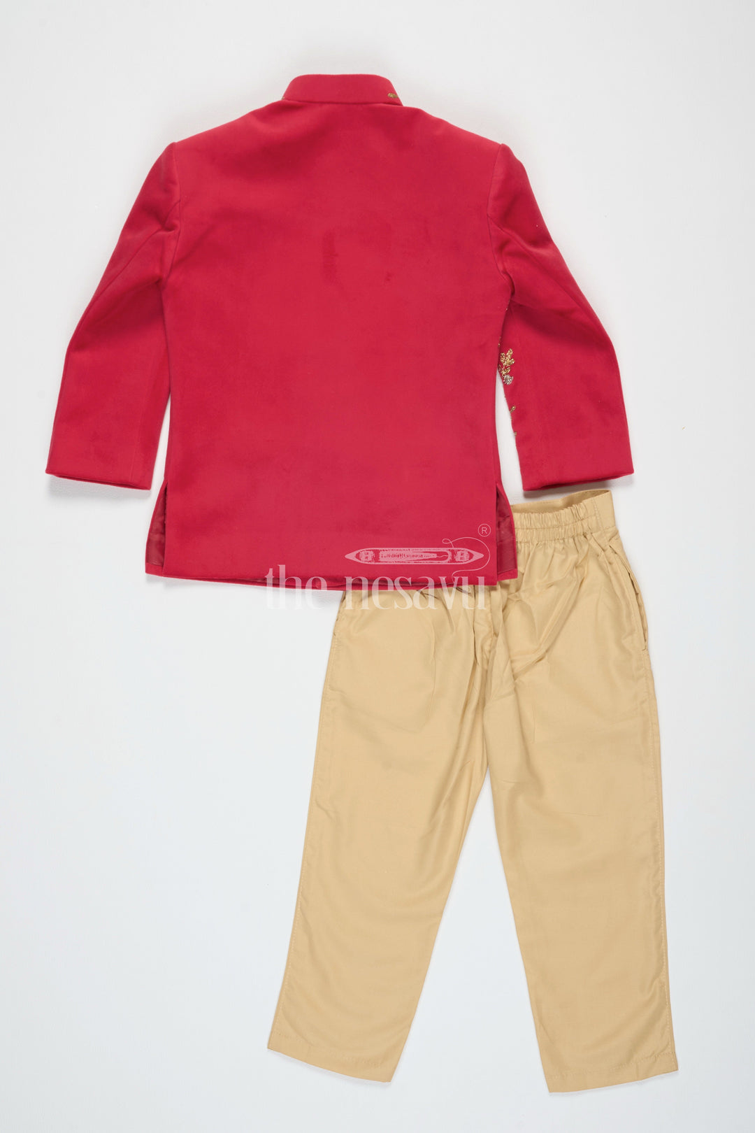 The Nesavu Boys Sherwani Boys Red Sherwani Clothes with Golden Embroidery and Cream Trousers Nesavu Nesavu Boys Red Sherwani Clothes Golden Embroidery Cream Trousers Festive Elegance