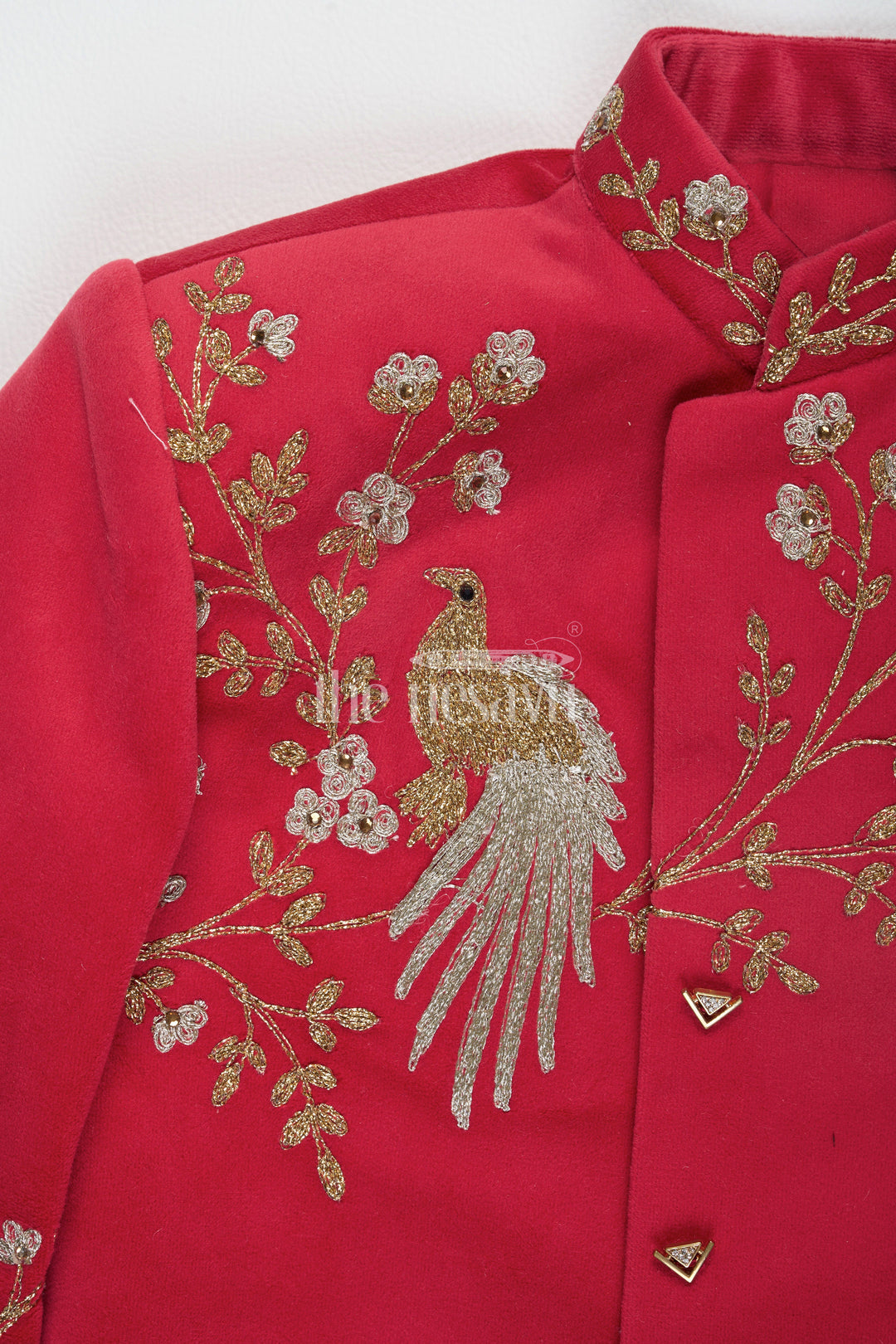 The Nesavu Boys Sherwani Boys Red Sherwani Clothes with Golden Embroidery and Cream Trousers Nesavu Nesavu Boys Red Sherwani Clothes Golden Embroidery Cream Trousers Festive Elegance