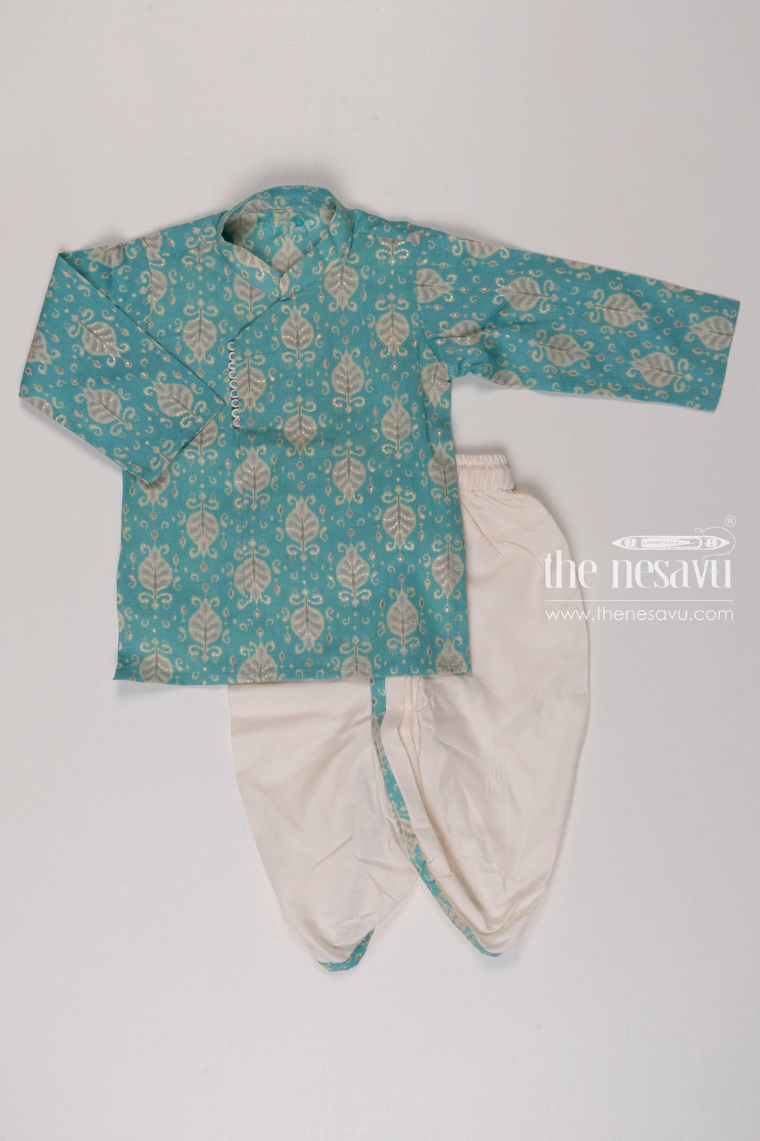 The Nesavu Boys Dothi Set Boys Refreshing Aqua Leaf Print Kurta with White Dhoti Set Nesavu 12 (3M) / Green / Cotton BES485A-12 Boys Aqua Leaf Print Kurta Dhoti Set | Elegant Festive Outfit for Kids | The Nesavu