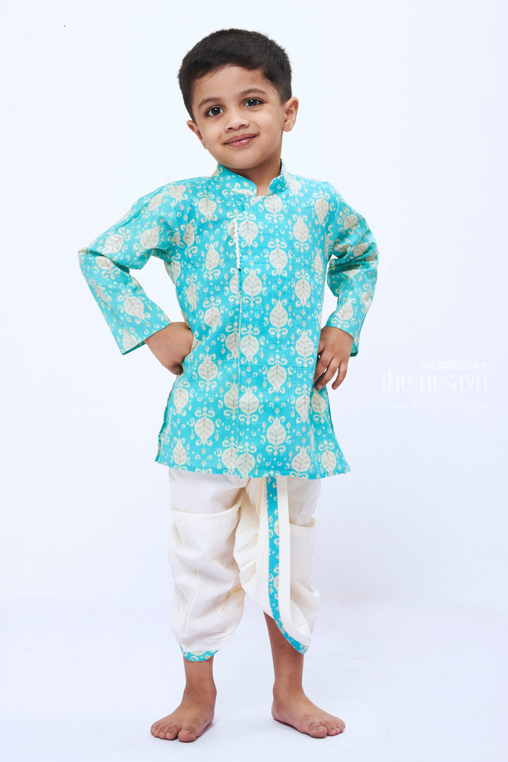 The Nesavu Boys Dothi Set Boys Refreshing Aqua Leaf Print Kurta with White Dhoti Set Nesavu 12 (3M) / Green / Cotton BES485A-12 Boys Aqua Leaf Print Kurta Dhoti Set | Elegant Festive Outfit for Kids | The Nesavu