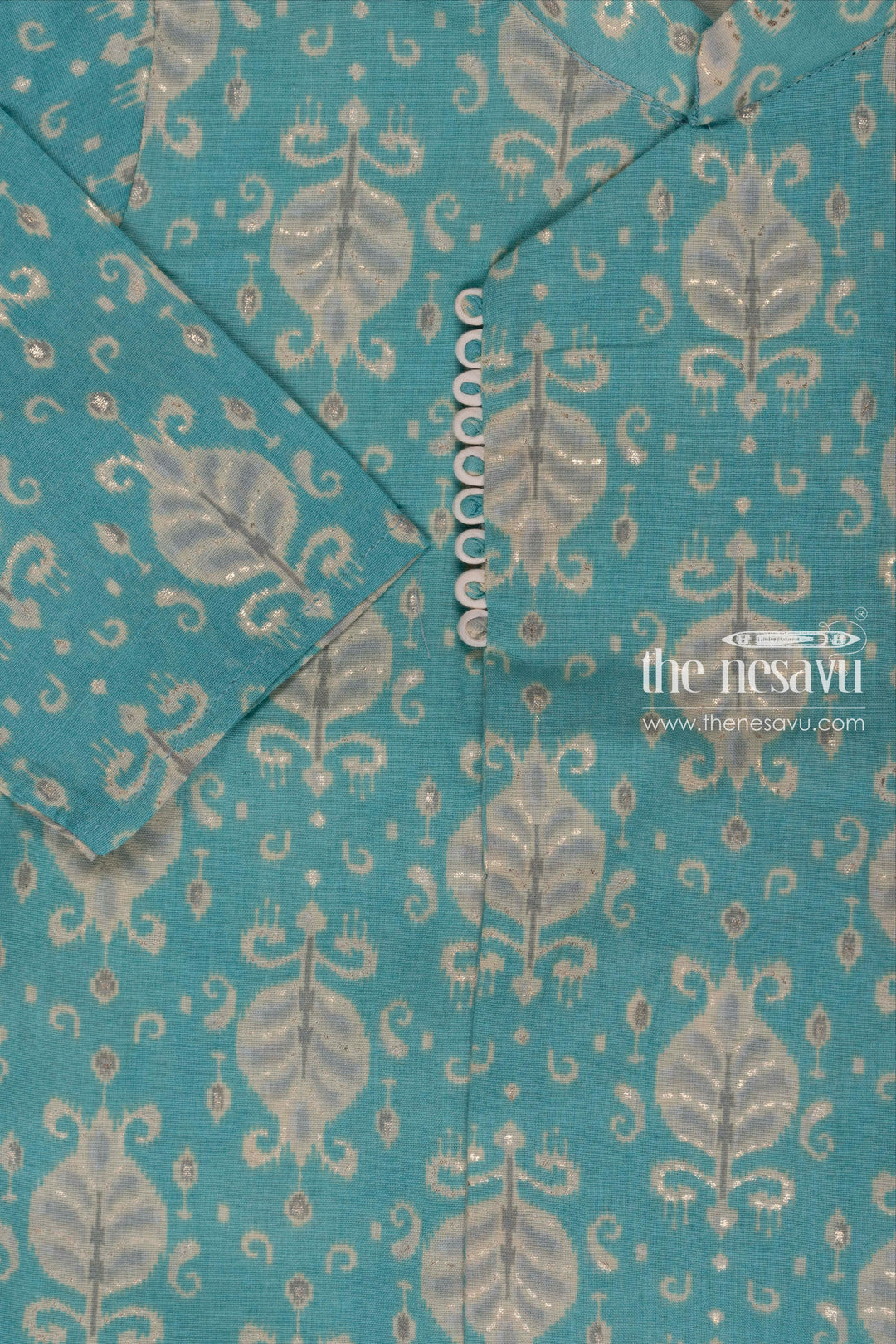 The Nesavu Boys Dothi Set Boys Refreshing Aqua Leaf Print Kurta with White Dhoti Set Nesavu Boys Aqua Leaf Print Kurta Dhoti Set | Elegant Festive Outfit for Kids | The Nesavu