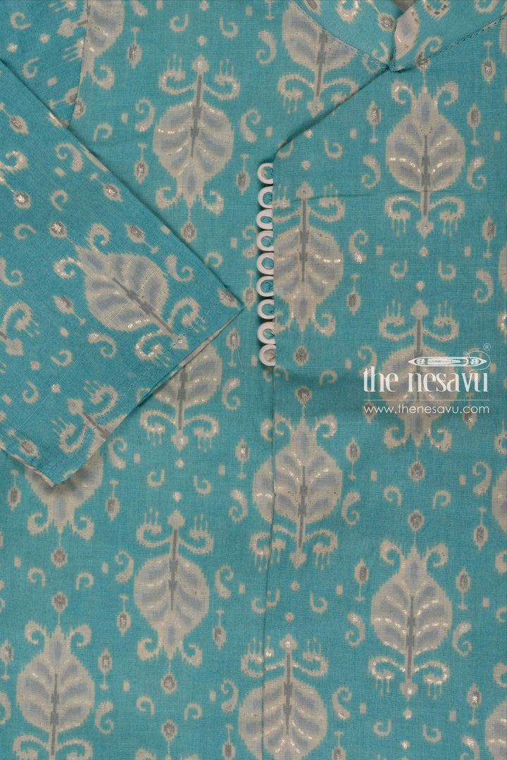 The Nesavu Boys Dothi Set Boys Refreshing Aqua Leaf Print Kurta with White Dhoti Set Nesavu Boys Aqua Leaf Print Kurta Dhoti Set | Elegant Festive Outfit for Kids | The Nesavu