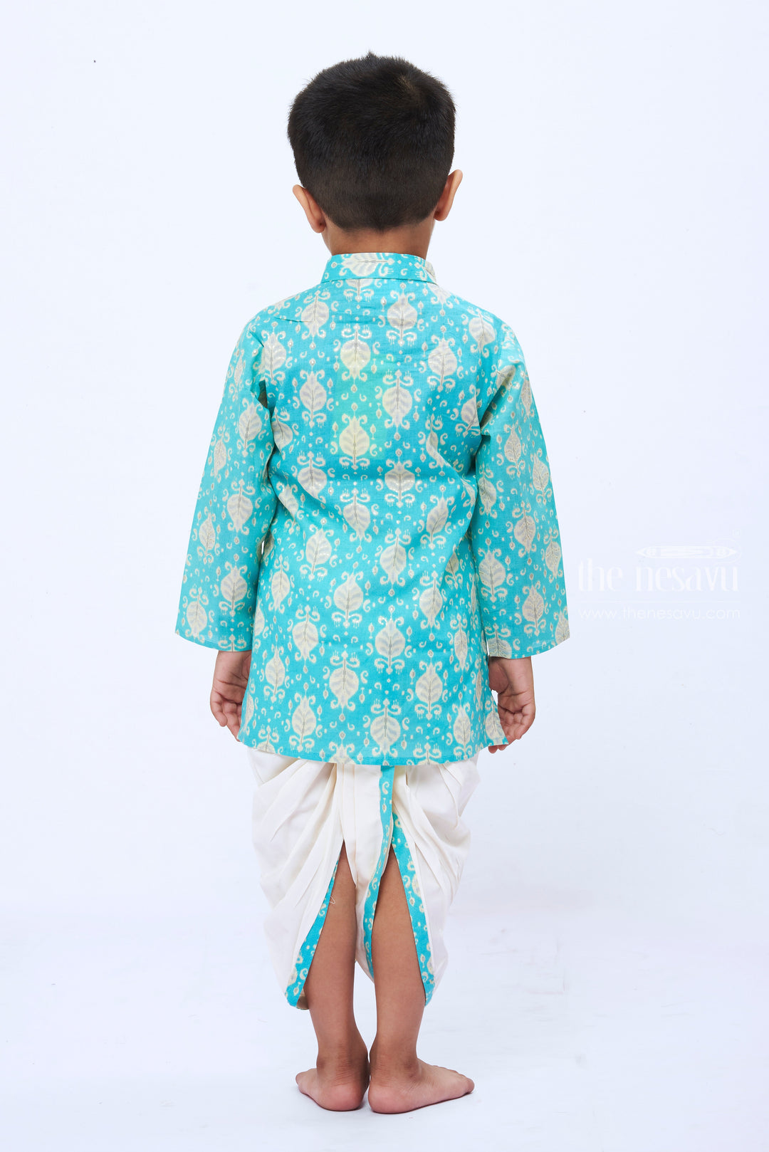 The Nesavu Boys Dothi Set Boys Refreshing Aqua Leaf Print Kurta with White Dhoti Set Nesavu Boys Aqua Leaf Print Kurta Dhoti Set | Elegant Festive Outfit for Kids | The Nesavu