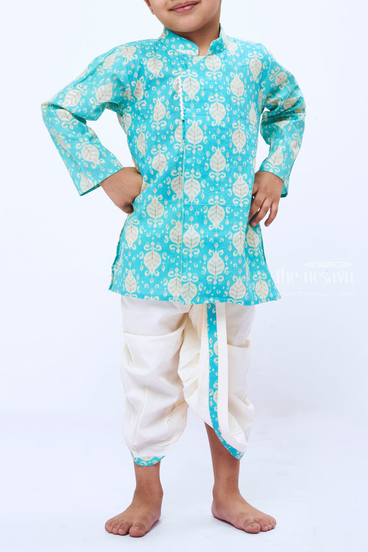 The Nesavu Boys Dothi Set Boys Refreshing Aqua Leaf Print Kurta with White Dhoti Set Nesavu Boys Aqua Leaf Print Kurta Dhoti Set | Elegant Festive Outfit for Kids | The Nesavu