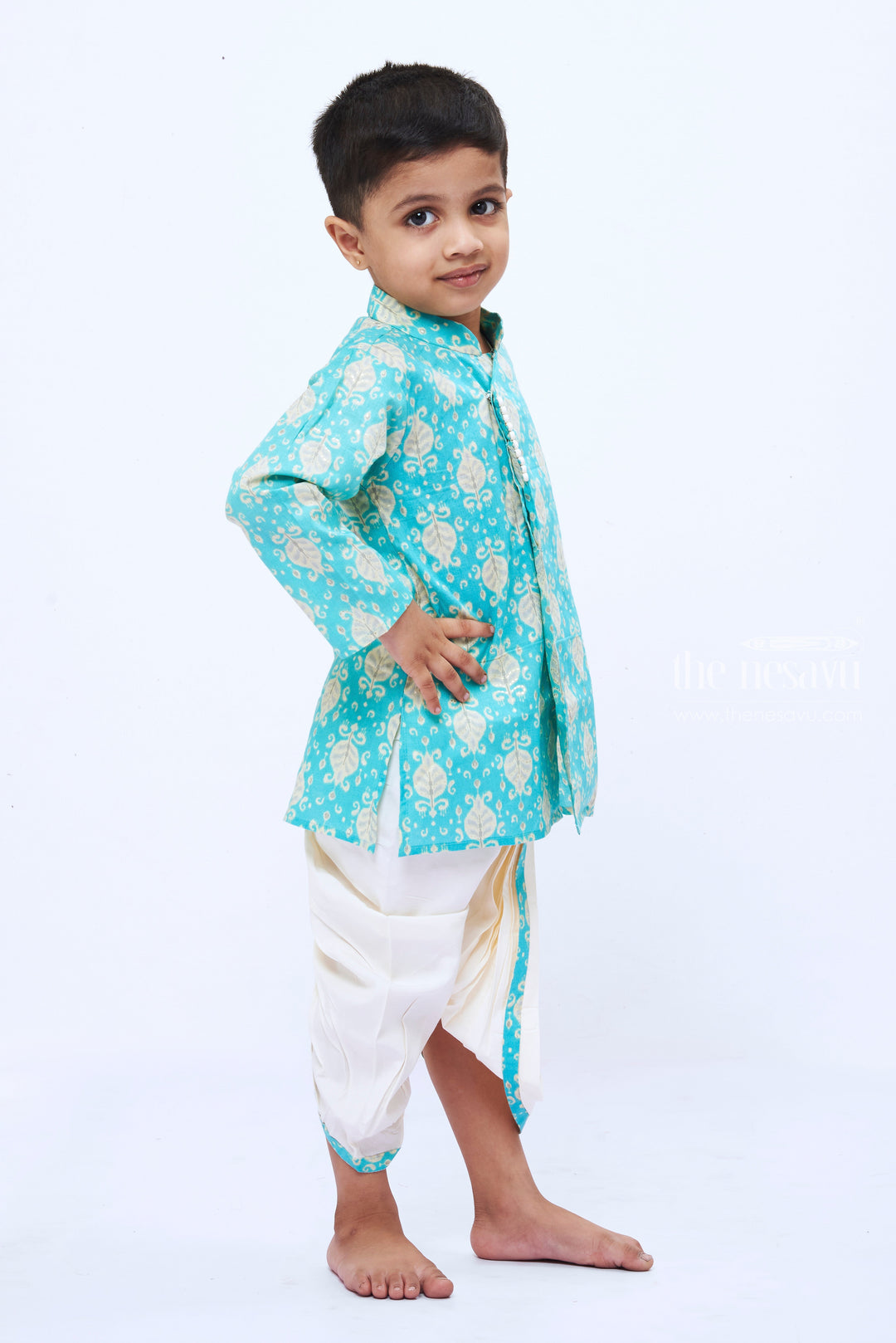 The Nesavu Boys Dothi Set Boys Refreshing Aqua Leaf Print Kurta with White Dhoti Set Nesavu Boys Aqua Leaf Print Kurta Dhoti Set | Elegant Festive Outfit for Kids | The Nesavu