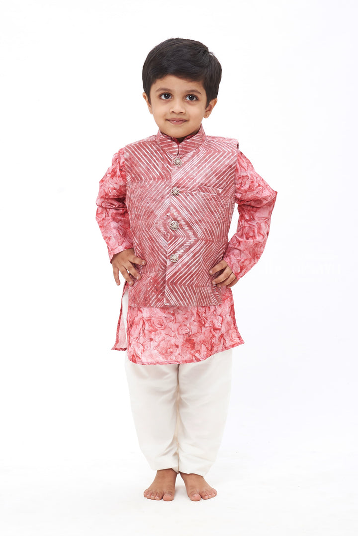 The Nesavu Boys Jacket Sets Boys Rose Quartz Kurta Overcoat & White Trousers Set with Intricate Brooch Accent Nesavu 14 (6M) / Pink / Blend Silk BES431B-14 Festive Elegance | Boys Kurta with Overcoat and Pant Set | The Nesavu