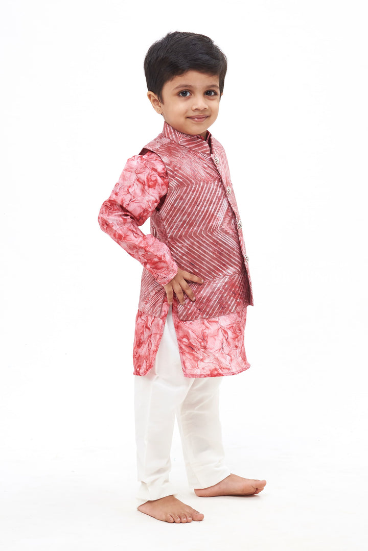 The Nesavu Boys Jacket Sets Boys Rose Quartz Kurta Overcoat & White Trousers Set with Intricate Brooch Accent Nesavu Festive Elegance | Boys Kurta with Overcoat and Pant Set | The Nesavu