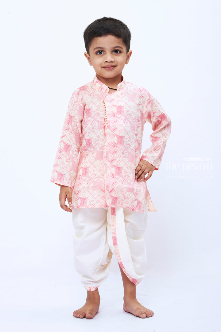 The Nesavu Boys Dothi Set Boys Rosy Spiral Print Kurta with White Dhoti Set Nesavu 12 (3M) / Pink / Cotton BES484B-12 Boys Pink Print Kurta White Dhoti Set | Trendy Festive Attire for Kids | The Nesavu