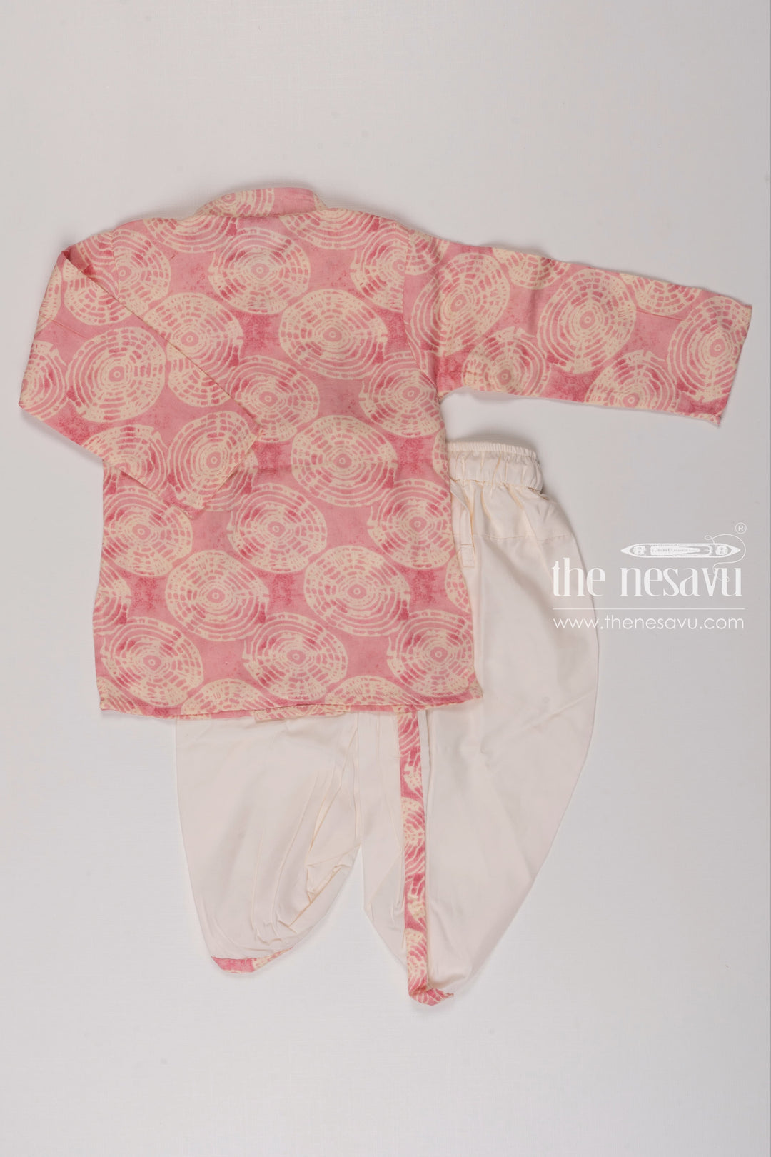 The Nesavu Boys Dothi Set Boys Rosy Spiral Print Kurta with White Dhoti Set Nesavu Boys Pink Print Kurta White Dhoti Set | Trendy Festive Attire for Kids | The Nesavu