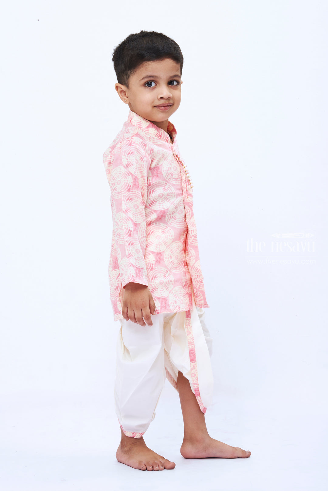 The Nesavu Boys Dothi Set Boys Rosy Spiral Print Kurta with White Dhoti Set Nesavu Boys Pink Print Kurta White Dhoti Set | Trendy Festive Attire for Kids | The Nesavu