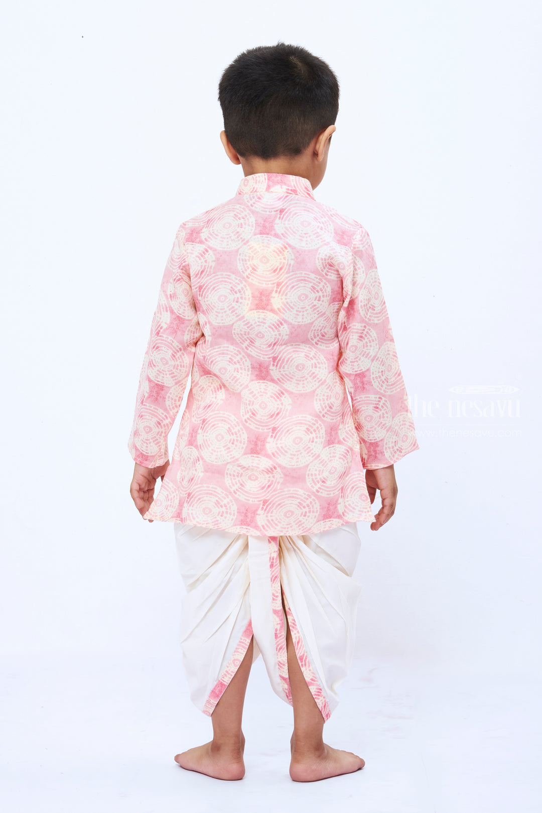 The Nesavu Boys Dothi Set Boys Rosy Spiral Print Kurta with White Dhoti Set Nesavu Boys Pink Print Kurta White Dhoti Set | Trendy Festive Attire for Kids | The Nesavu