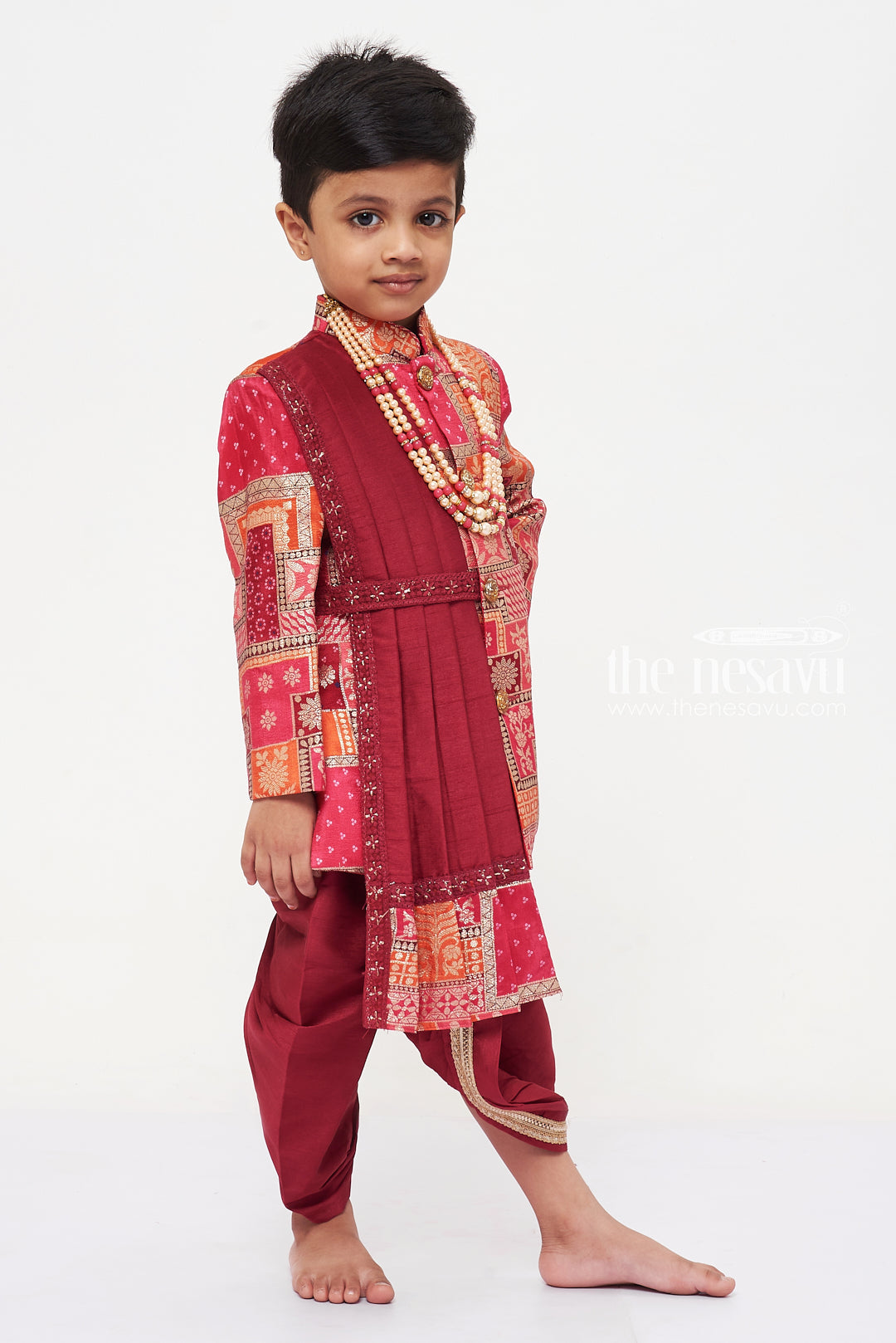 The Nesavu Boys Sherwani Boys Royal Maroon Sherwani Set with Kurta and Churidar Nesavu Buy Boys Designer Maroon Sherwani Set for Weddings and Festivities | The Nesavu