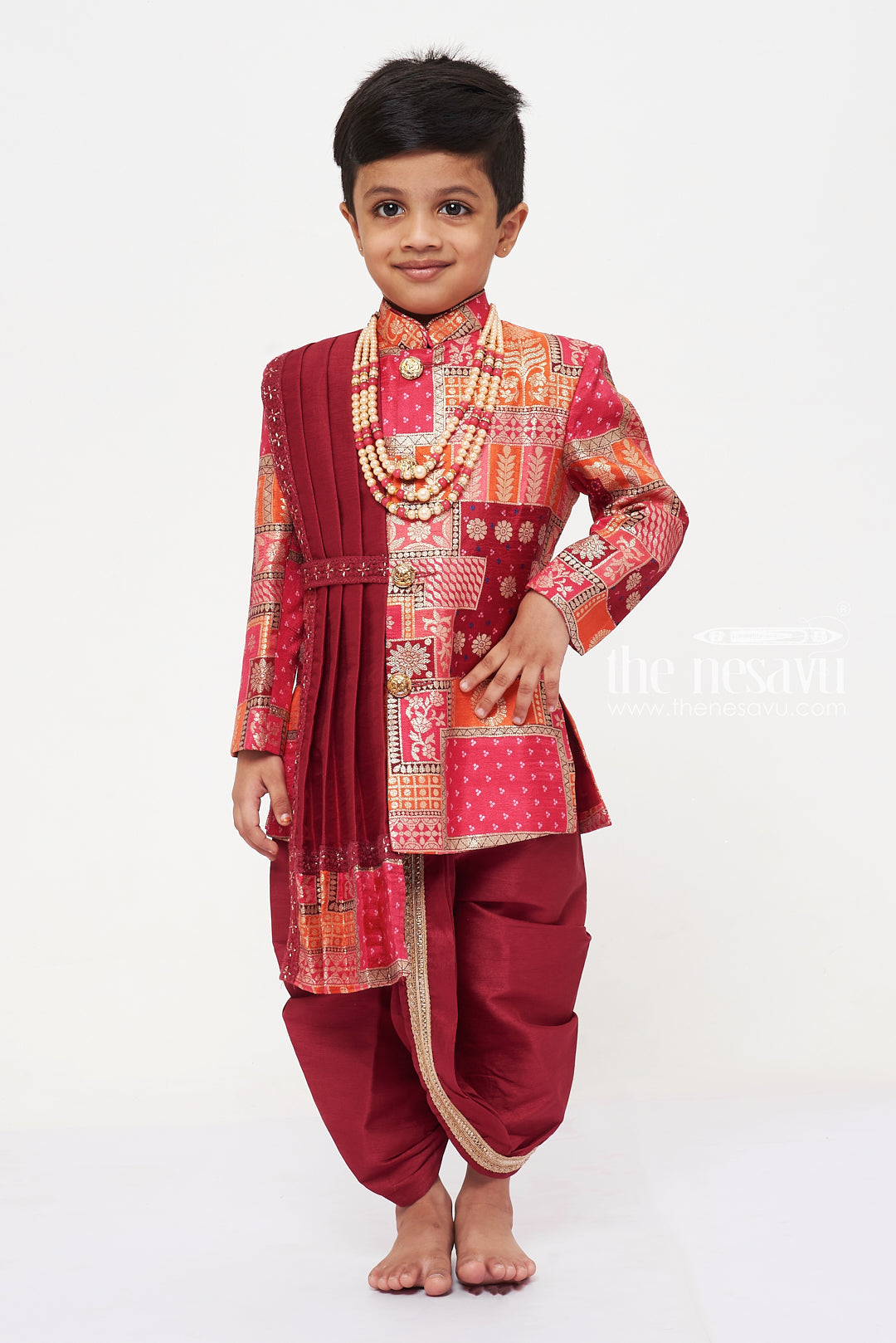 The Nesavu Boys Sherwani Boys Royal Maroon Sherwani Set with Kurta and Churidar Nesavu Buy Boys Designer Maroon Sherwani Set for Weddings and Festivities | The Nesavu