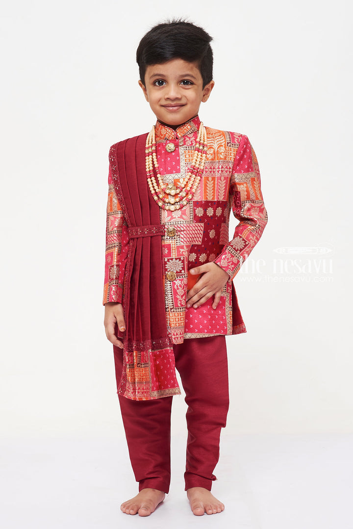 The Nesavu Boys Sherwani Boys Royal Maroon Sherwani Set with Kurta and Churidar Nesavu Buy Boys Designer Maroon Sherwani Set for Weddings and Festivities | The Nesavu