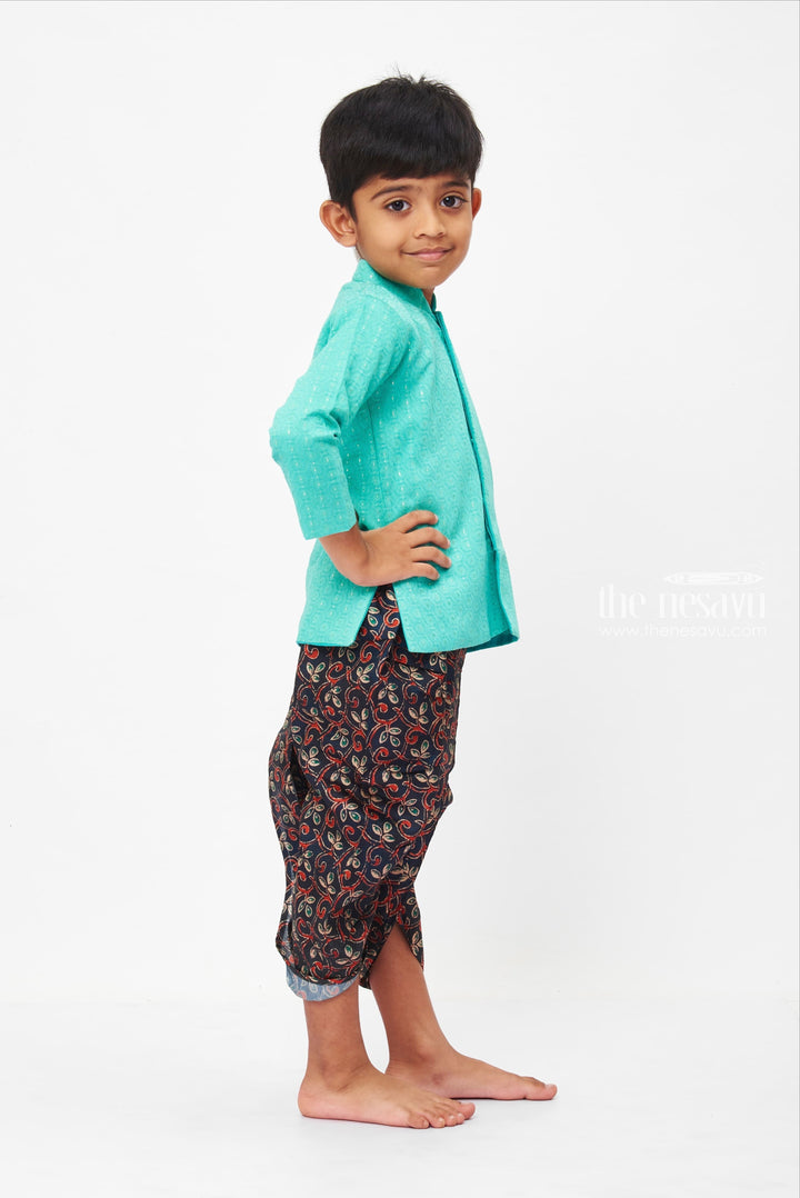 The Nesavu Boys Dothi Set Boys Sea Green Kurta with Patterned Dhoti Set - Elegant Traditional Indian Wear for Kids Nesavu Boys' Traditional Dhoti set | Traditional Indian clothing for boys | The Nesavu