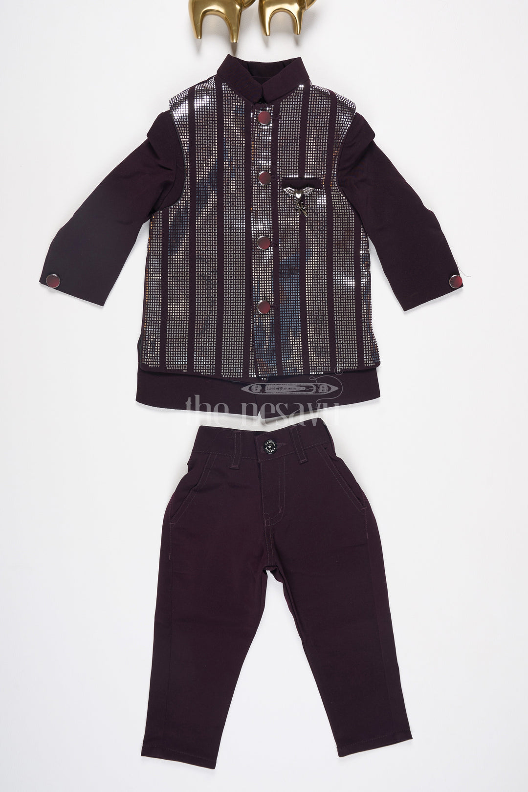 The Nesavu Boys Blazer Set Boys Sherwani Set in Black with Silver Vertical Stripe Jacket and Black Trousers for Special Occasions Nesavu Nesavu Boys Black Sherwani Set Silver Striped Jacket Black Trousers Formal Events