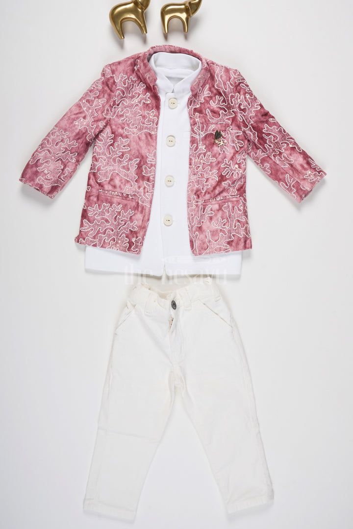 The Nesavu Boys Blazer Set Boys Sherwani Set in Pink Velvet with Embroidered Jacket and White Kurta Pyjama for Formal Occasions Nesavu Nesavu Boys Pink Velvet Sherwani Set Embroidered Jacket White Kurta Weddings Ceremonies