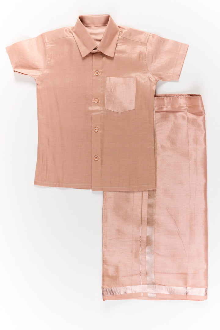 The Nesavu Boys Dothi Set Boys Silk Dhoti and Shirt Set in Copper with Stylish Zari Border Nesavu 18 (2Y) / Beige BES619B-18 Nesavu Boys Silk Dhoti Shirt Set Copper Elegant Zari Border Festivals