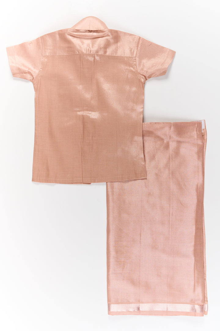 The Nesavu Boys Dothi Set Boys Silk Dhoti and Shirt Set in Copper with Stylish Zari Border Nesavu Nesavu Boys Silk Dhoti Shirt Set Copper Elegant Zari Border Festivals