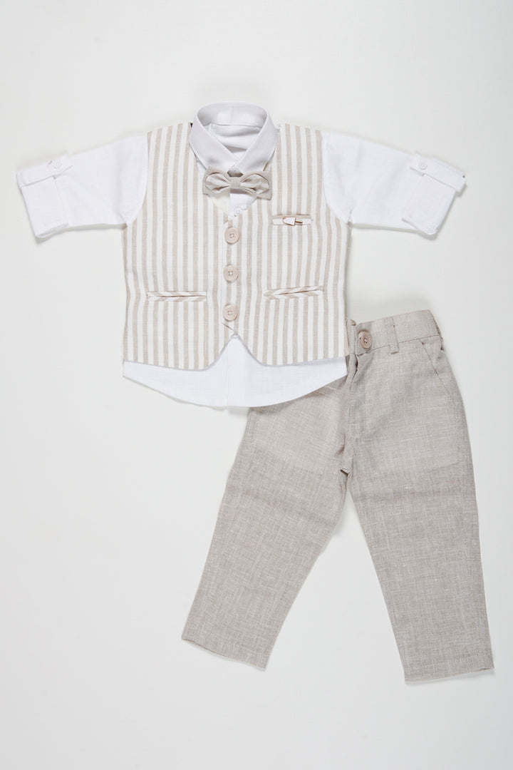 The Nesavu Boys Casual Set Boys Sophisticated Linen Blend Suit Set with Striped Vest and Bow Tie Nesavu 12 (3M) / Beige / Cotton Linen BCS030A-12 Elegant Boys Linen Suit Set | Striped Vest and Grey Pants with Bow Tie | Kids Formal Outfit | The Nesavu