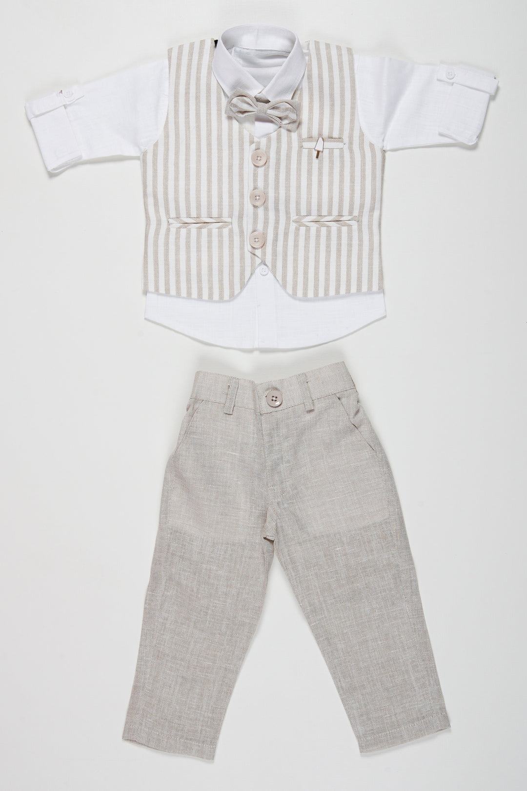 The Nesavu Boys Casual Set Boys Sophisticated Linen Blend Suit Set with Striped Vest and Bow Tie Nesavu Elegant Boys Linen Suit Set | Striped Vest and Grey Pants with Bow Tie | Kids Formal Outfit | The Nesavu