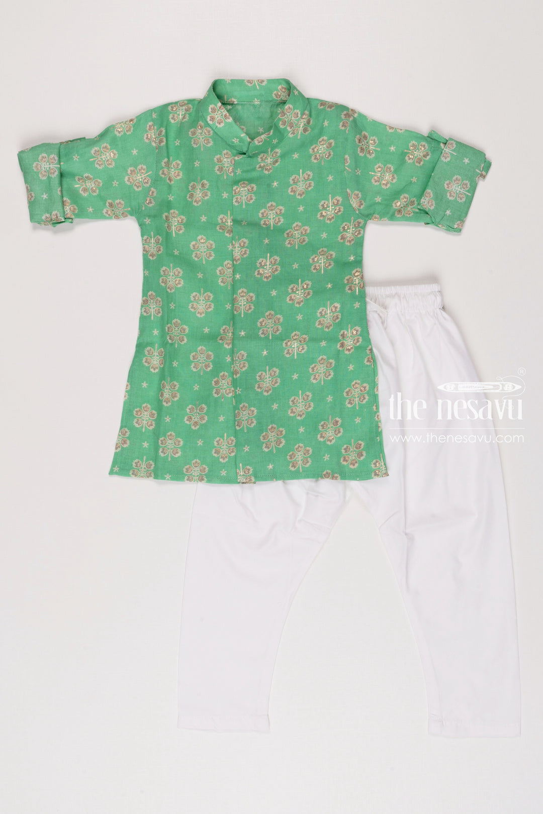 The Nesavu Boys Kurtha Set Boys Spring Green Floral Kurta with White Pants Set Nesavu 16 (1Y) / Green / Cotton BES481A-16 Spring Green Boys Kurta Set | Floral Ethnic Wear for Kids | Boys Festive Outfit | The Nesavu