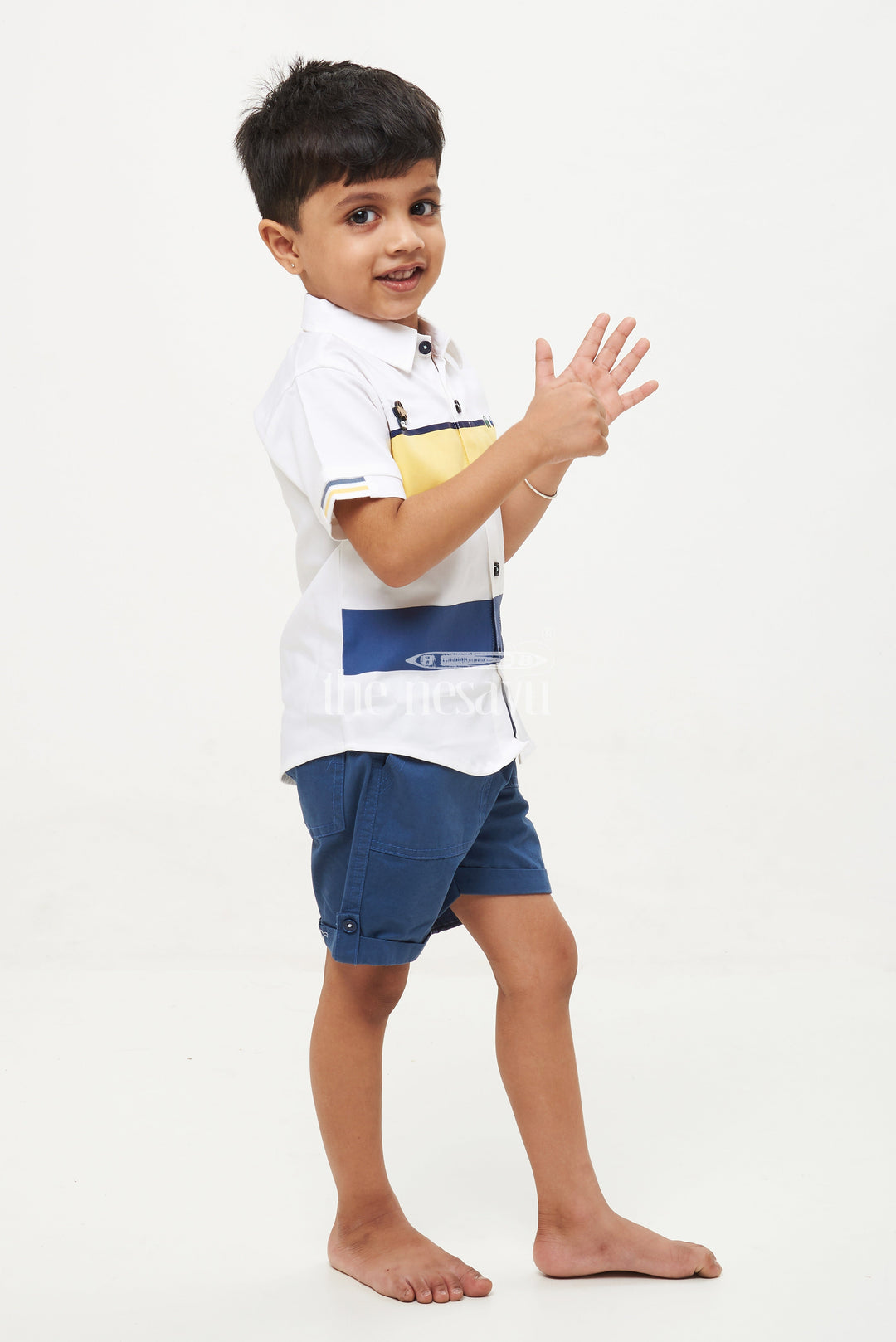 The Nesavu Boys Casual Set Boys' Striped Car Print Shirt & Shorts Set - Yellow/Navy Nesavu Boys' Striped Car Print Shirt & Shorts Set - Yellow/Navy - Sizes 1Y-5Y