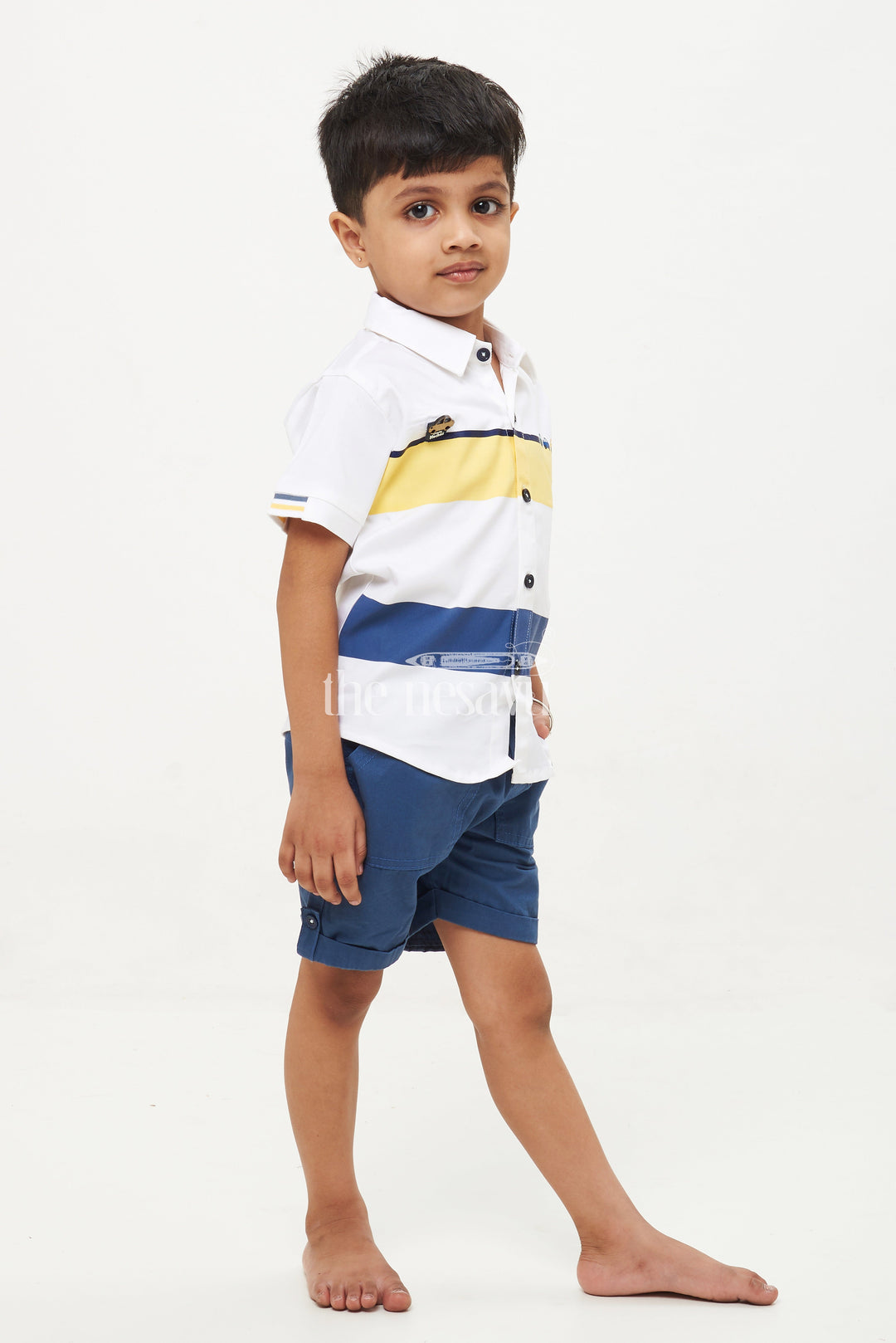 The Nesavu Boys Casual Set Boys' Striped Car Print Shirt & Shorts Set - Yellow/Navy Nesavu Boys' Striped Car Print Shirt & Shorts Set - Yellow/Navy - Sizes 1Y-5Y