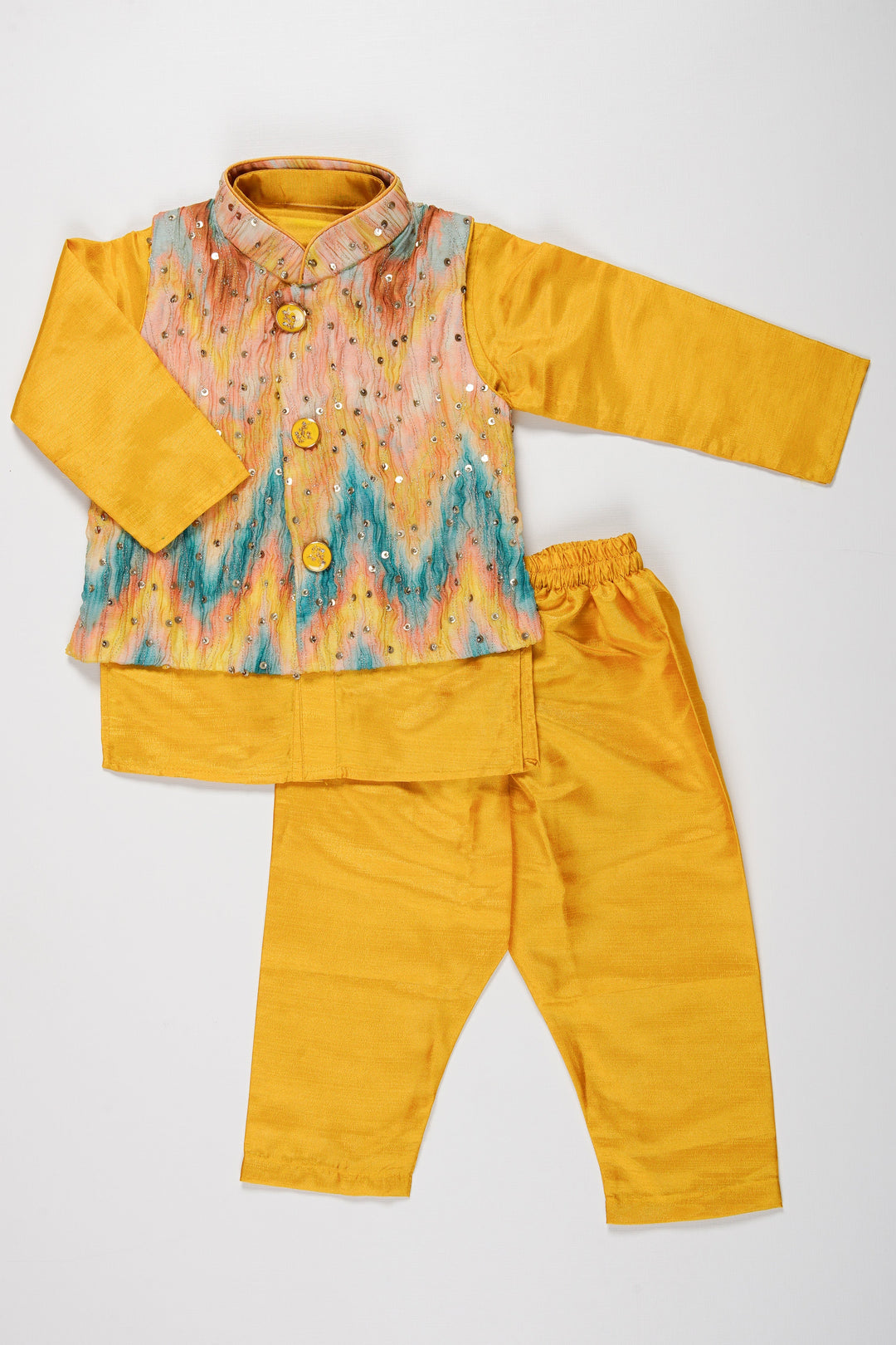 The Nesavu Boys Jacket Sets Boys Sunshine Yellow Kurta Pajama with Vibrant Jacket Set Nesavu 14 (6M) / Yellow / Blend Silk BES542A-14 Boys Yellow Kurta Pajama with Sequined Jacket | Festive Wear for Kids | The Nesavu