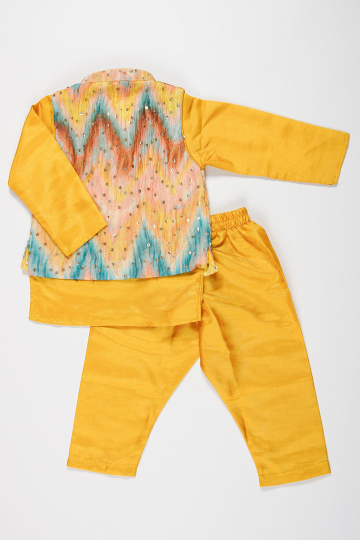 The Nesavu Boys Jacket Sets Boys Sunshine Yellow Kurta Pajama with Vibrant Jacket Set Nesavu Boys Yellow Kurta Pajama with Sequined Jacket | Festive Wear for Kids | The Nesavu