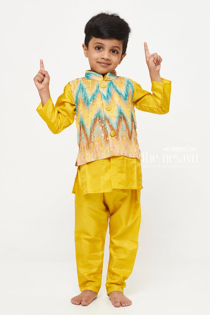 The Nesavu Boys Jacket Sets Boys Sunshine Yellow Kurta Pajama with Vibrant Jacket Set Nesavu Boys Yellow Kurta Pajama with Sequined Jacket | Festive Wear for Kids | The Nesavu