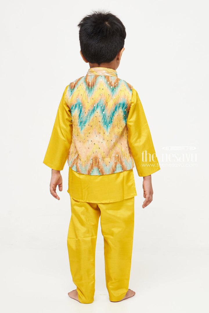 The Nesavu Boys Jacket Sets Boys Sunshine Yellow Kurta Pajama with Vibrant Jacket Set Nesavu Boys Yellow Kurta Pajama with Sequined Jacket | Festive Wear for Kids | The Nesavu