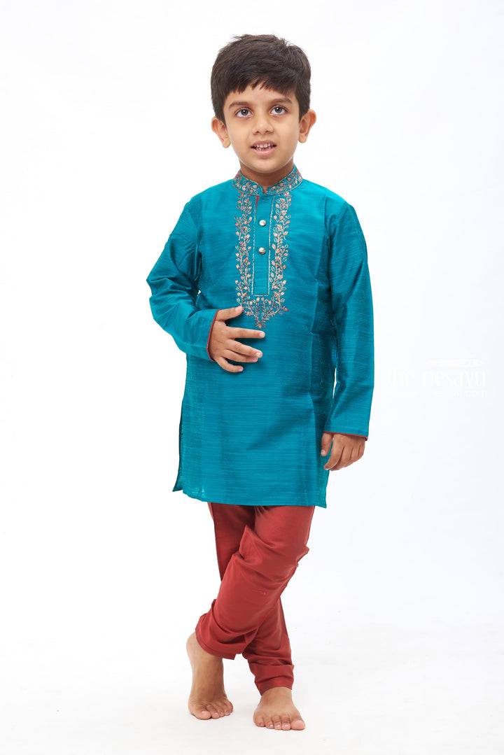 The Nesavu Boys Kurtha Set Boys Teal Blue Embroidered Kurta with Maroon Pants Set - Elegant Ethnic Wear for Kids Nesavu 14 (6M) / Blue / Blend Silk BES463A-14 Elegant Kids Ethnic Outfit | Kids Formal Ethnic wear | The Nesavu