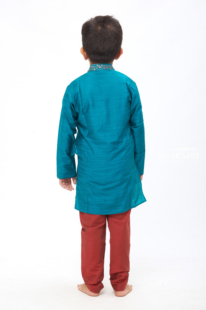 The Nesavu Boys Kurtha Set Boys Teal Blue Embroidered Kurta with Maroon Pants Set - Elegant Ethnic Wear for Kids Nesavu Elegant Kids Ethnic Outfit | Kids Formal Ethnic wear | The Nesavu