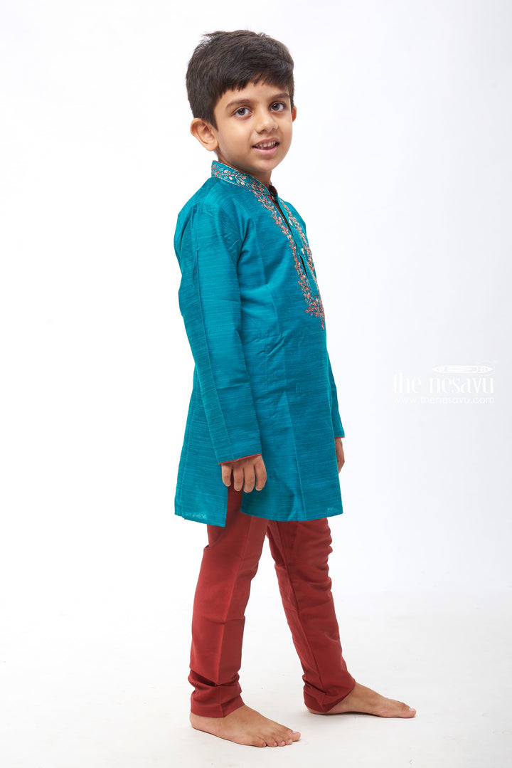 The Nesavu Boys Kurtha Set Boys Teal Blue Embroidered Kurta with Maroon Pants Set - Elegant Ethnic Wear for Kids Nesavu Elegant Kids Ethnic Outfit | Kids Formal Ethnic wear | The Nesavu