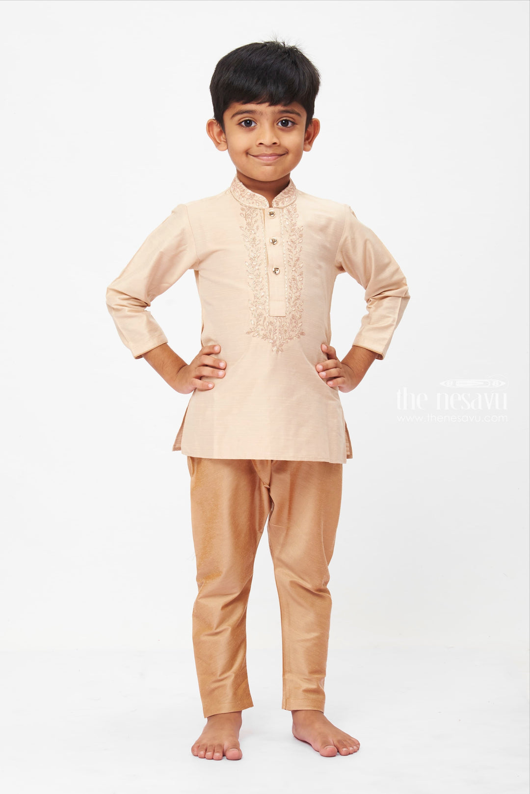 The Nesavu Boys Kurtha Set Boys Traditional Beige Embroidered Kurta with Velvet Pants Set - Perfect for Formal Occasions Nesavu 14 (6M) / Beige / Silk Blend BES463C-14 Boys Traditional Kurta with Pant Set | Formal Ocasions | The Nesavu