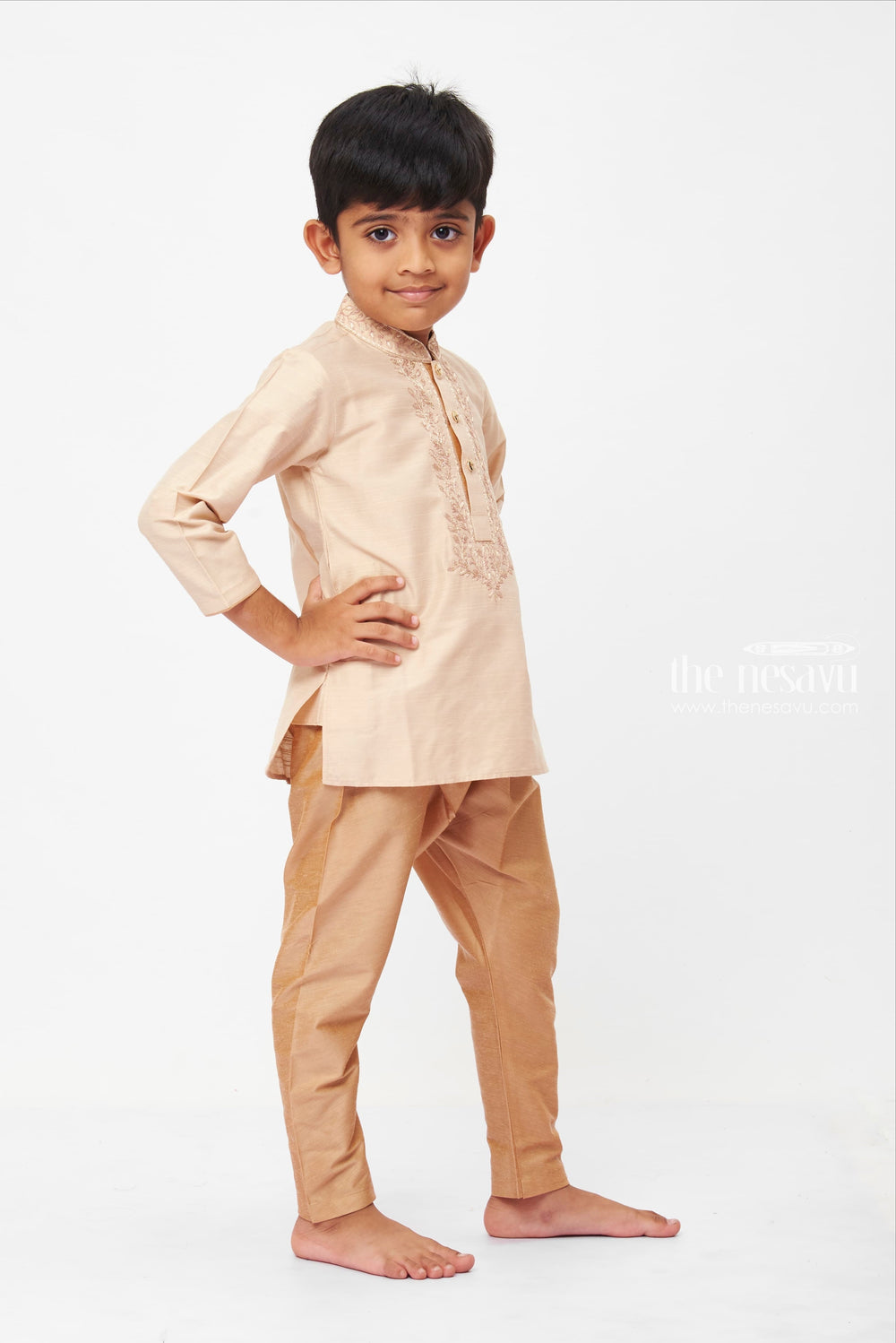 The Nesavu Boys Kurtha Set Boys Traditional Beige Embroidered Kurta with Velvet Pants Set - Perfect for Formal Occasions Nesavu Boys Traditional Kurta with Pant Set | Formal Ocasions | The Nesavu