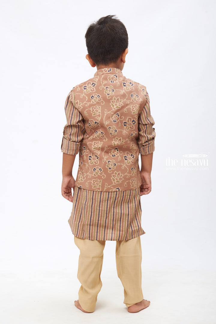 The Nesavu Boys Jacket Sets Boys Traditional Brown Kurtha with Floral Overcoat and Striped Jacket Set Nesavu Elevate Festive Moments: Kurta, Jacket, and Pant Collection | The Nesavu