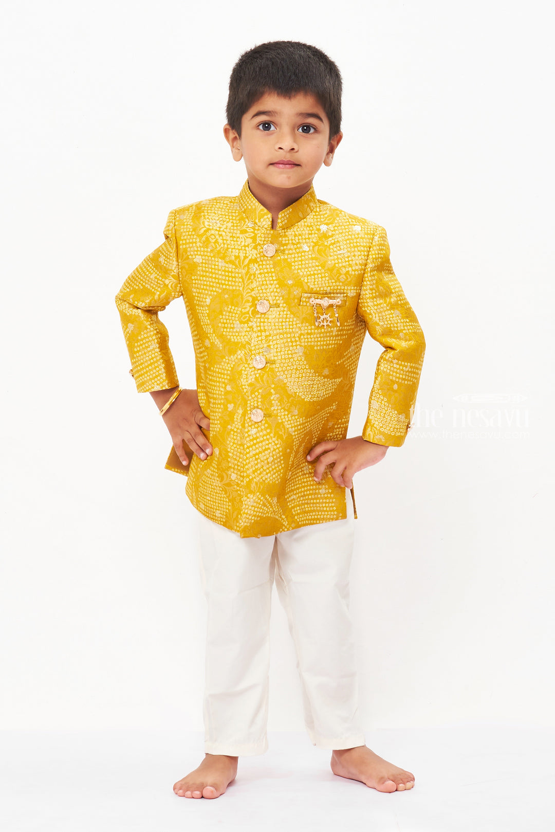 The Nesavu Boys Kurtha Set Boys Traditional Gold Jacquard Kurta Pajama Set Nesavu 14 (6M) / Yellow / Blend Silk BES510A-14 Buy Boys Gold Jacquard Kurta Pajama Set | Festive Ethnic Wear | The Nesavu