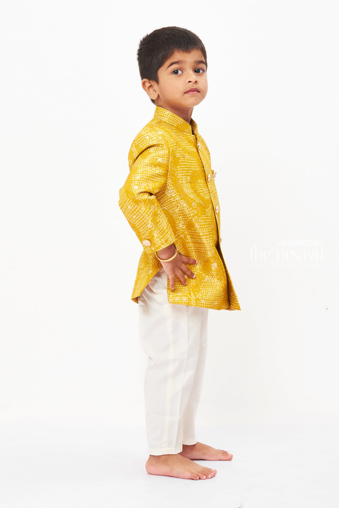 The Nesavu Boys Kurtha Set Boys Traditional Gold Jacquard Kurta Pajama Set Nesavu Buy Boys Gold Jacquard Kurta Pajama Set | Festive Ethnic Wear | The Nesavu